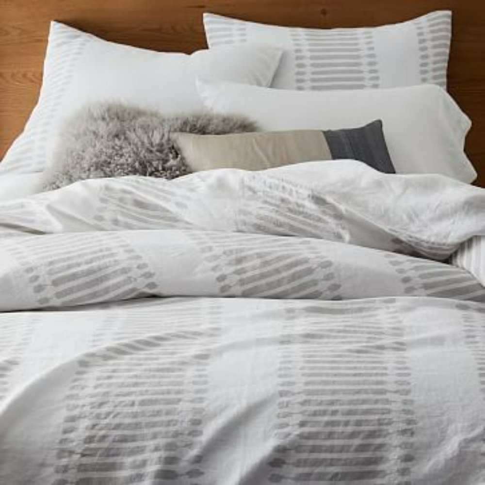 West Elm 2 European / Euro Shams in Belgian Flax Linen Ikat Strip
